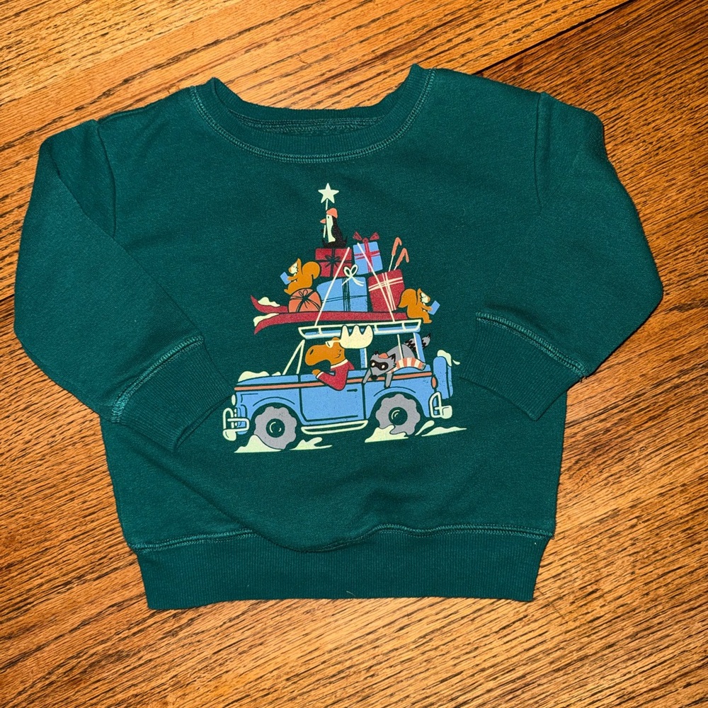 18 month Green Kids Sweatshirt with Holiday Car Graphic Christmas